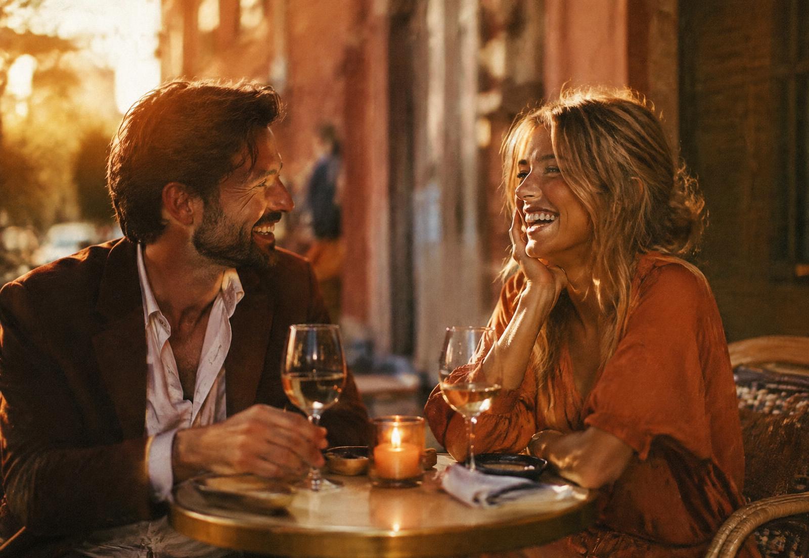 A couple laughing over wine at a sidewalk café